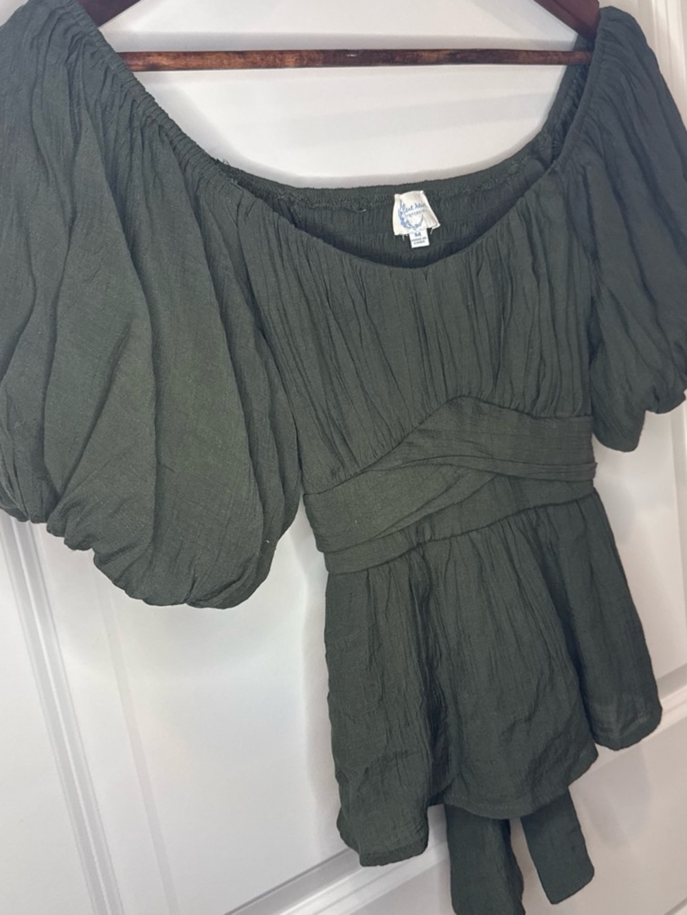 Free People Dark Olive Off-Shoulder Puff Sleeve Peplum Top